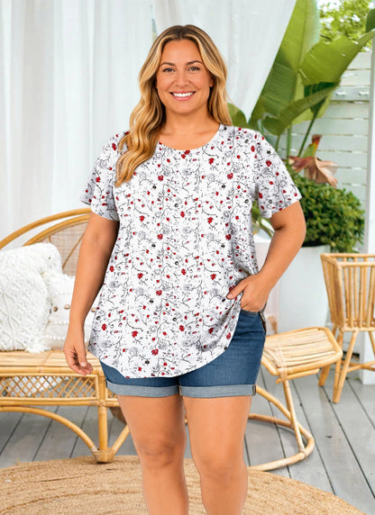 Plus Size White & Red Ditsy Floral Tunic Top