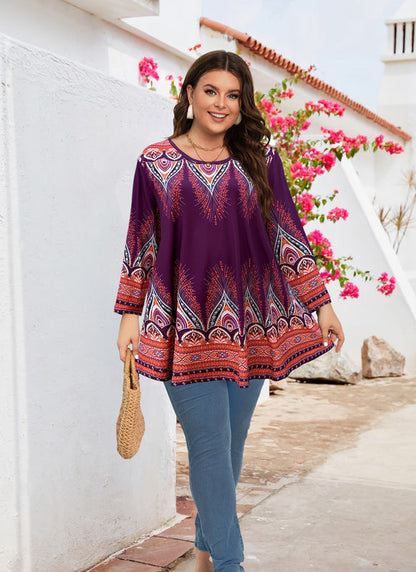 Women's Plus Size Orange & Purple Floral Tunic Top – 3/4 Sleeve Swing Flare Blouse d15