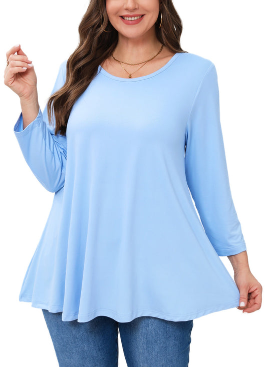 Women's Plus Size Tunic Top | 3/4 Sleeve Light Blue Swing Flare Blouse for Leggings A37