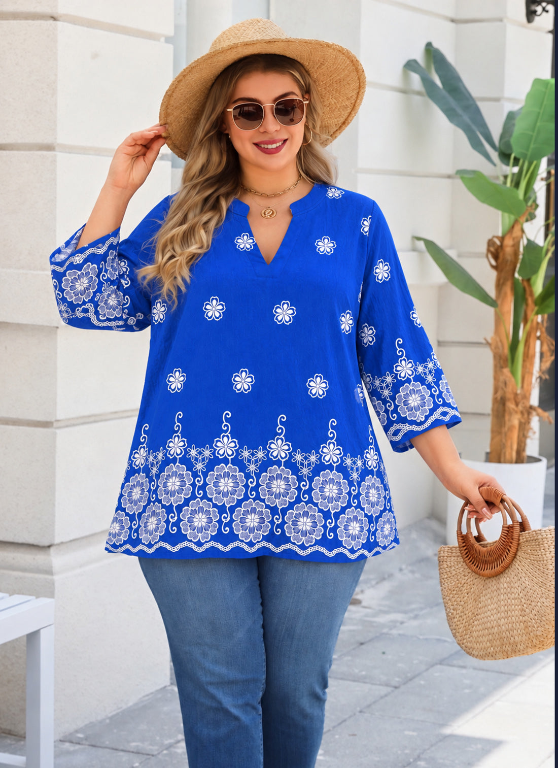 Plus Size Royal Blue Floral Tunic Top. L9