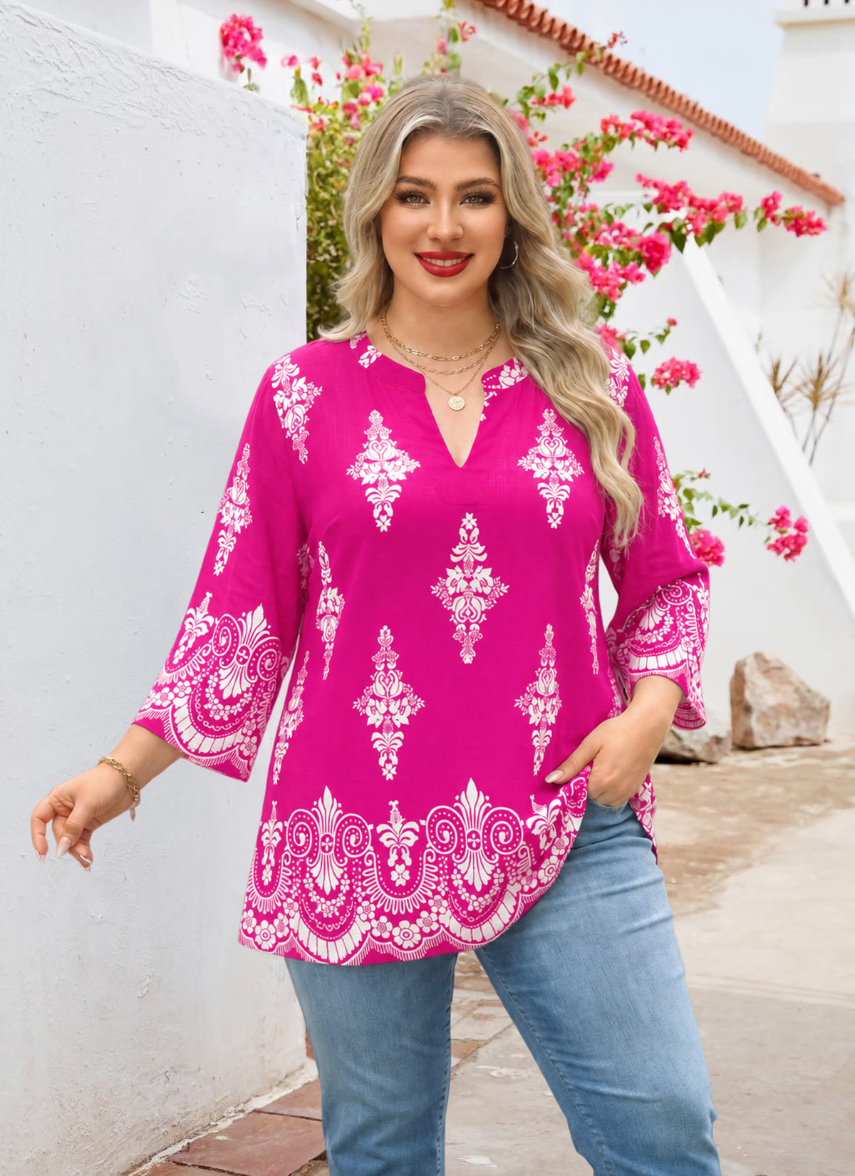 Plus Size Fuchsia Border Print Split-Neck Tunic