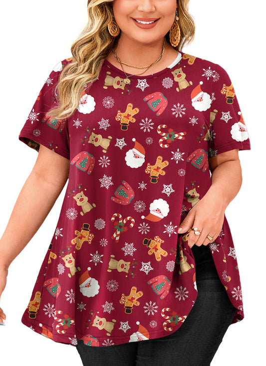 Women's Burgundy Christmas Swing Tunic Top – Short Sleeve, Plus Size B19