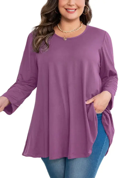 Casual Plus Size Long Sleeve Tunic with Floral Pattern