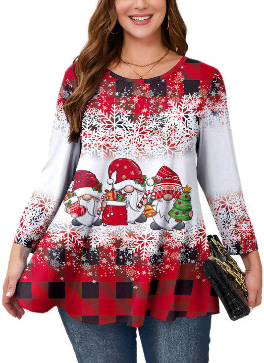 Plus Size Red Plaid Christmas Gnome Swing Tunic