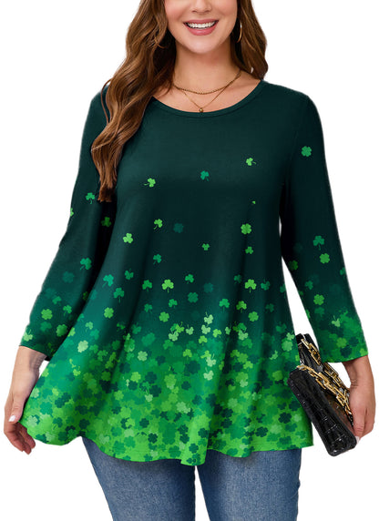 Plus Size Green Clover Print Long Sleeve Swing Tunic