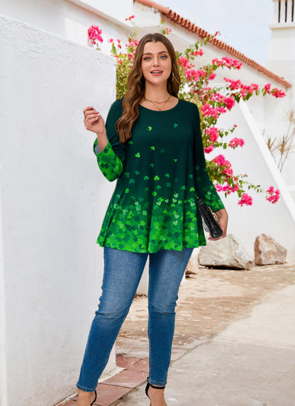 Plus Size Green Clover Print Long Sleeve Swing Tunic