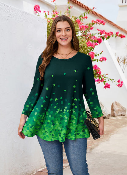 Plus Size Green Clover Print Long Sleeve Swing Tunic