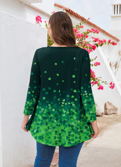 Plus Size Green Clover Print Long Sleeve Swing Tunic