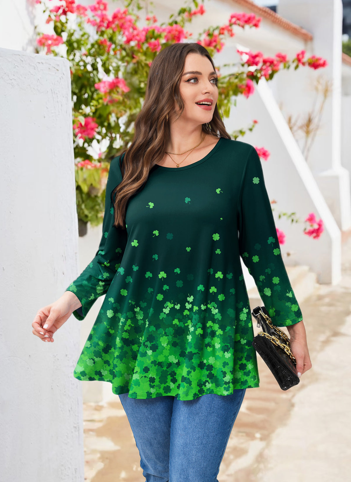 Plus Size Green Clover Print Long Sleeve Swing Tunic
