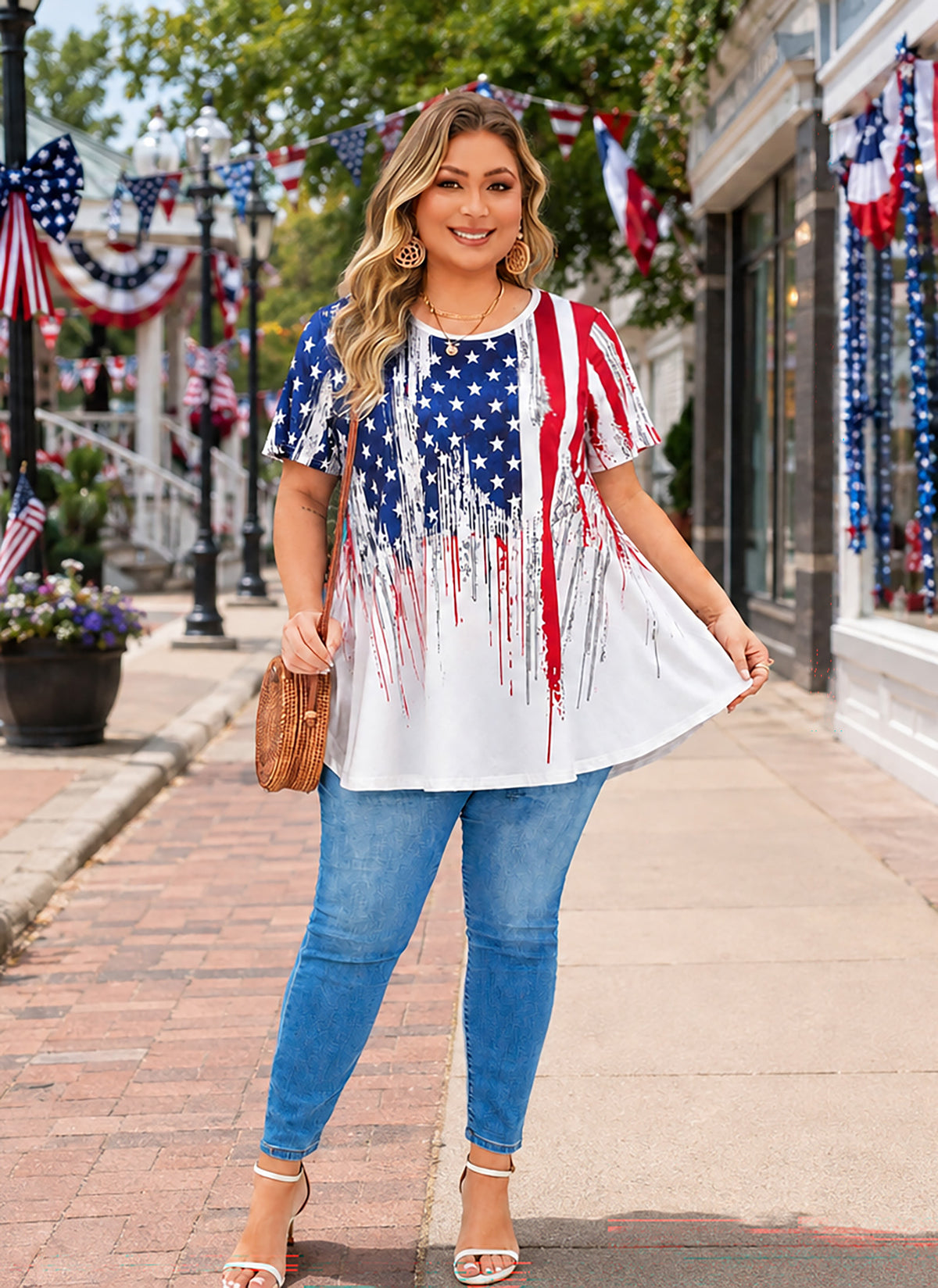 Plus Size White American Flag Print Tunic Top