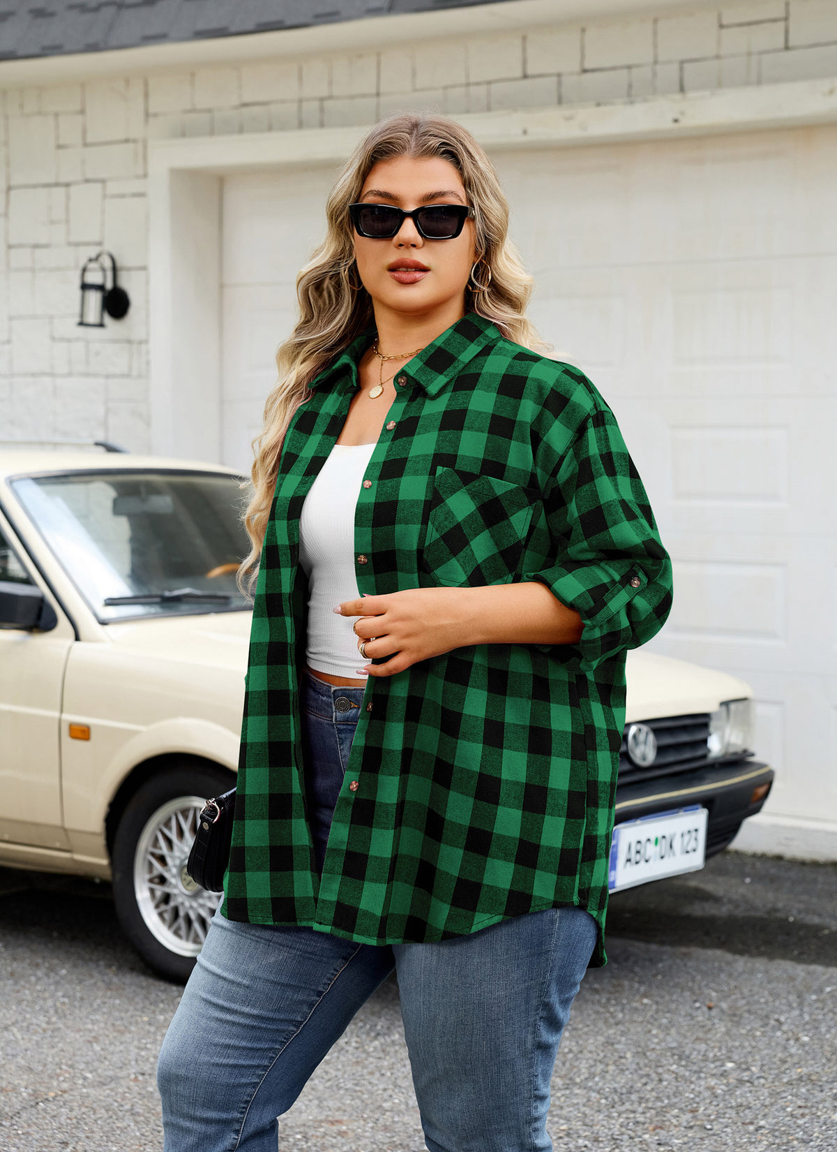 Plus Size Green Buffalo Plaid Button-Up Shirt