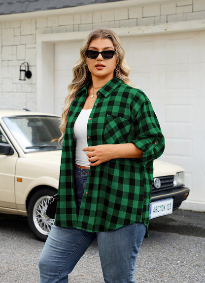 Plus Size Green Buffalo Plaid Button-Up Shirt