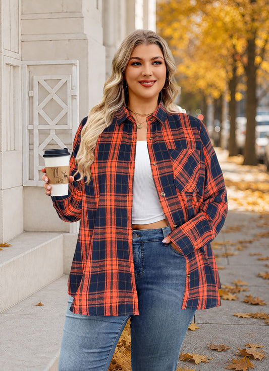 Plus Size Orange & Navy Plaid Button-Up Shirt G27