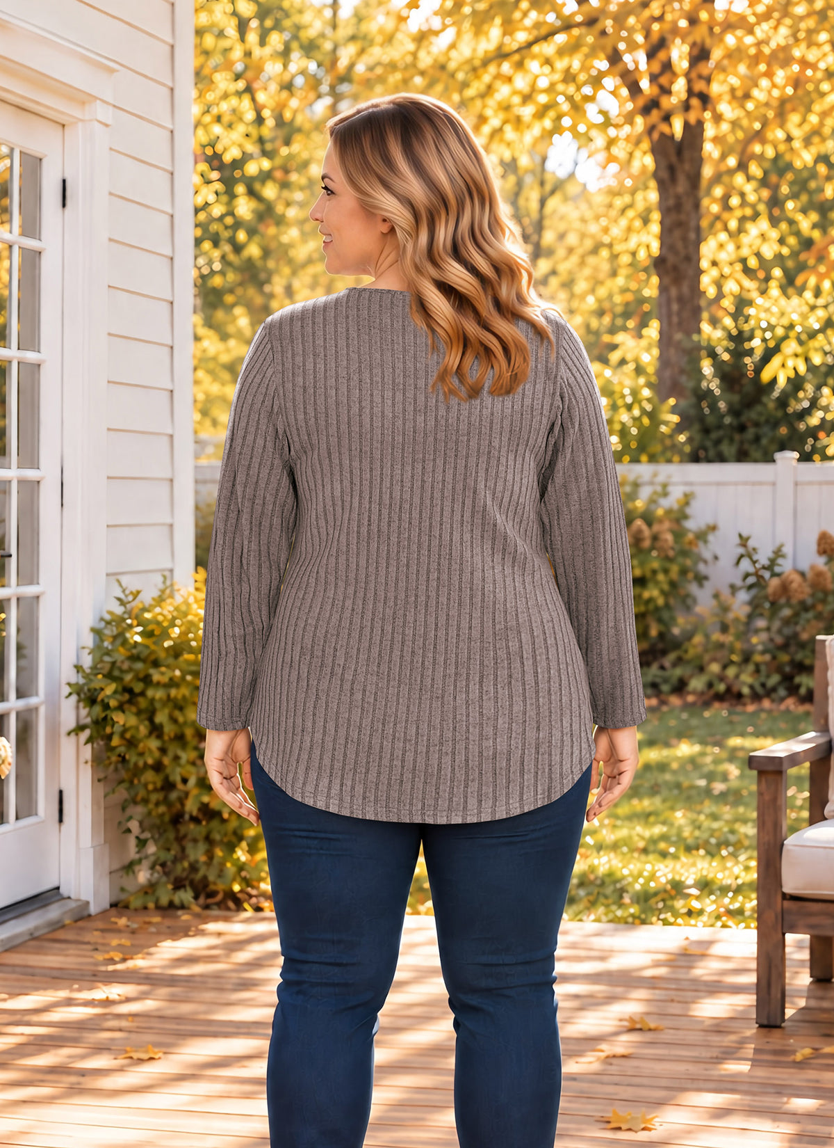 Plus Size Taupe Lace V-Neck Ribbed Tunic Top