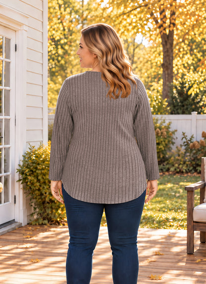 Plus Size Taupe Lace V-Neck Ribbed Tunic Top