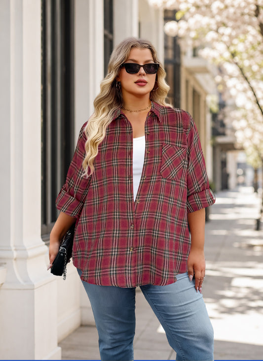 Plus Size Burgundy Windowpane Plaid Button-Up Shirt G25