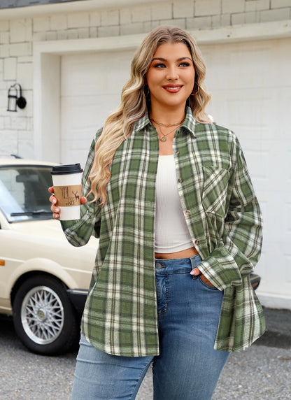 Plus Size Olive Green Plaid Button-Up Shirt G11