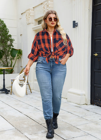 Plus Size Orange & Navy Plaid Button-Up Shirt G27