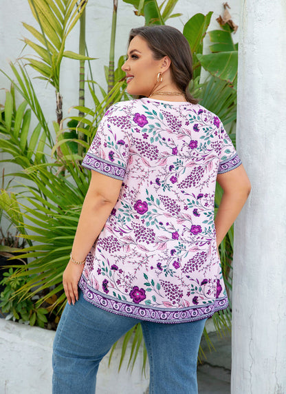 Women's Plus Size Purple Floral Tunic Top – Short Sleeve, Flowy Swing Blouse to Wear with Leggings b34