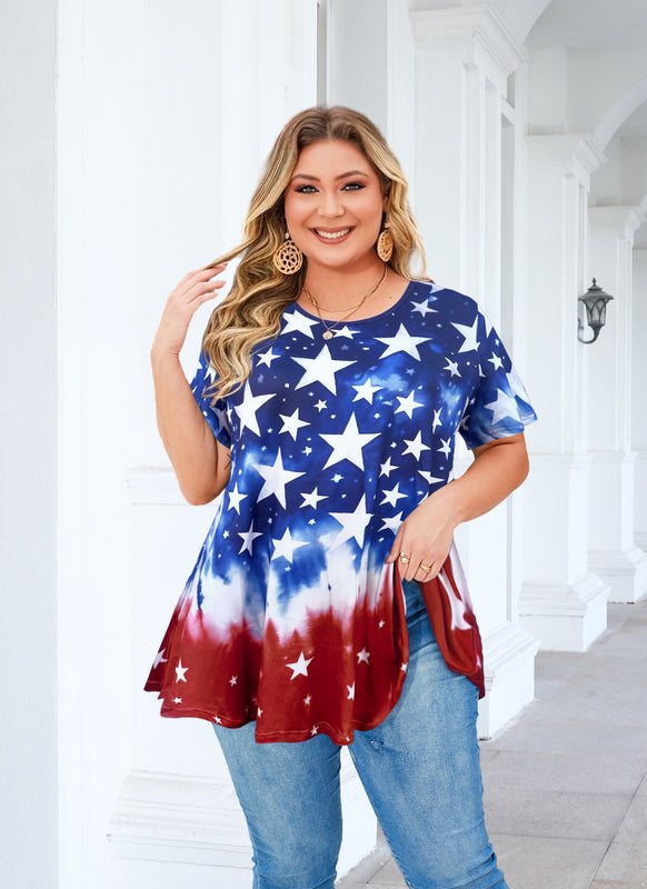 Women's Plus Size American Flag Tunic Top – Short Sleeve, Patriotic Swing Blouse to Wear with Leggings b40