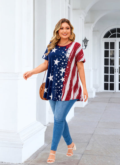 Women's Plus Size American Flag Tunic Top – Short Sleeve Patriotic Swing Blouse e20