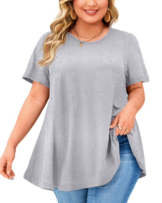 Light Grey Short Sleeve Swing Tunic Top – Women's Plus Size Crew Neck Flowy Blouse to Wear with Leggings (S–7XL) B11