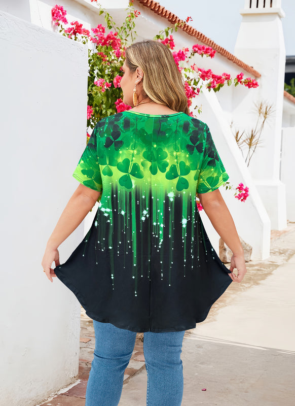 Women's Plus Size Green Leaf Print Tunic Top – Short Sleeve Swing Blouse e17