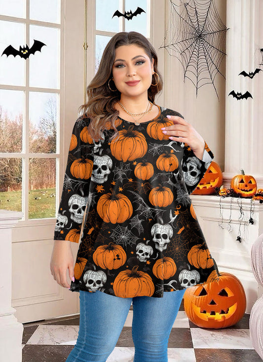 Halloween Pumpkin Skull Print Tunic Top – Women's Plus Size 3/4 Sleeve Swing Blouse (S–7XL) A44