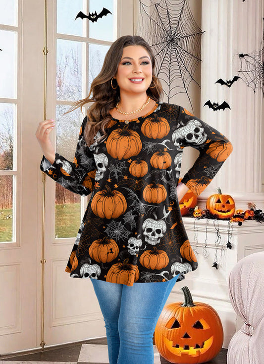 Halloween Pumpkin Skull Print Tunic Top – Women's Plus Size 3/4 Sleeve Swing Blouse (S–7XL) A44