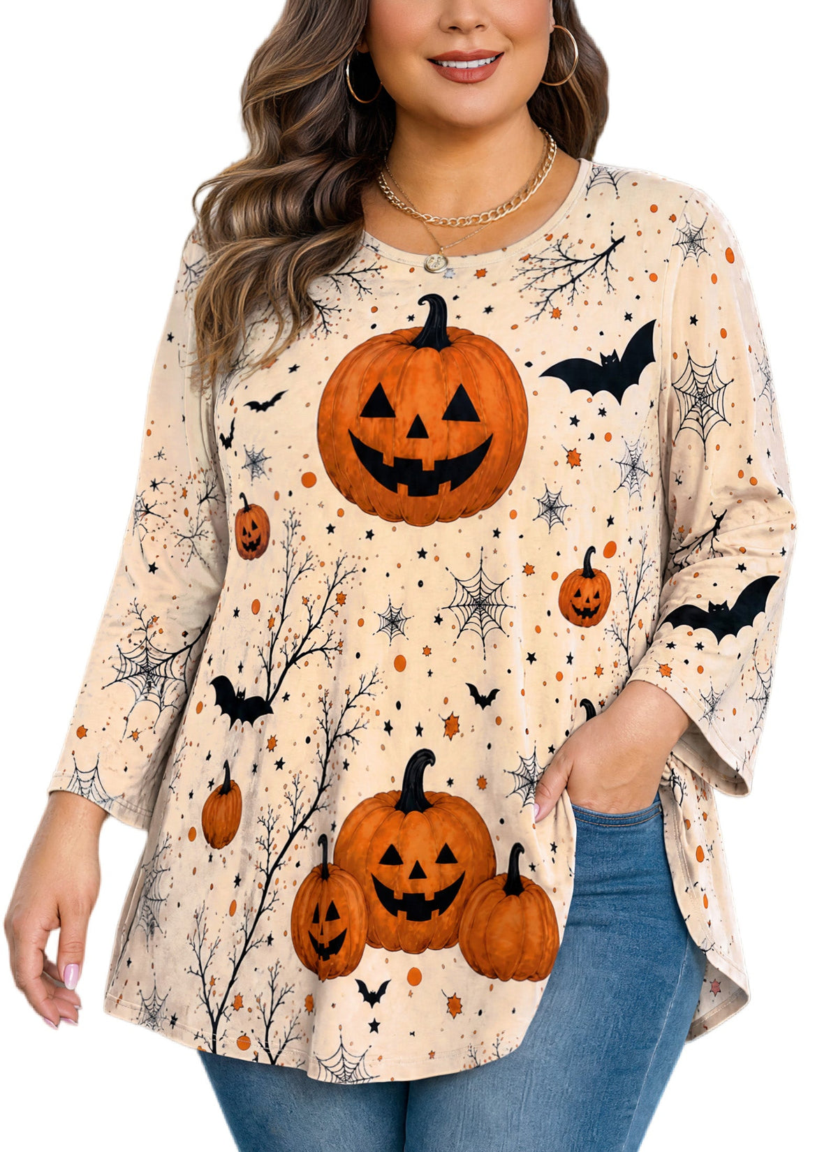Women's Halloween Pumpkin Tunic Top – 3/4 Sleeve, Plus Size D34