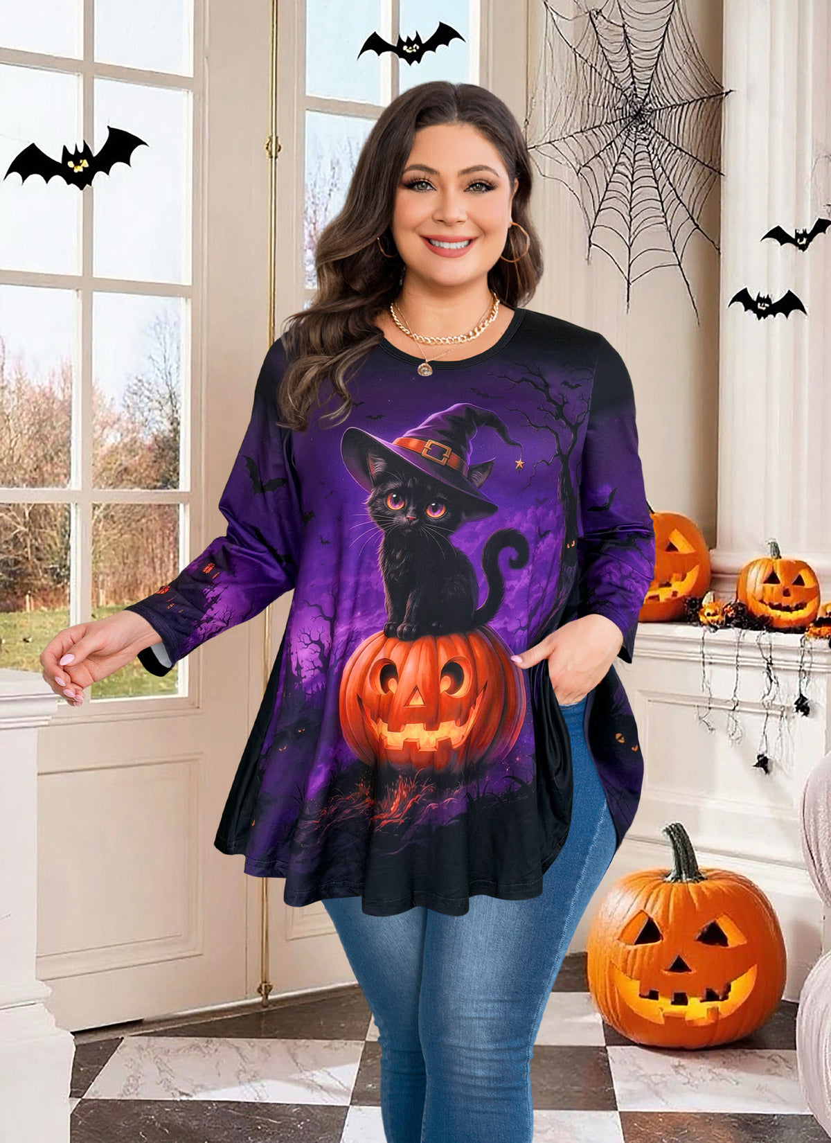 Plus Size Purple Halloween Cat Tunic Top D37