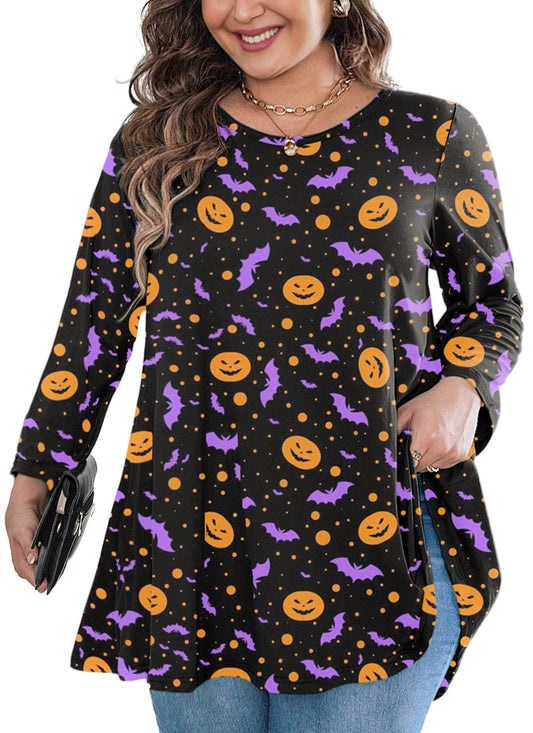 Women's Plus Size Halloween Tunic Top | 3/4 Sleeve Swing Blouse, Flowy Fit, Wear with Leggings – Orange, XL to 4XL A22