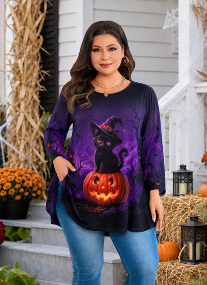 Plus Size Purple Halloween Cat Tunic Top D37