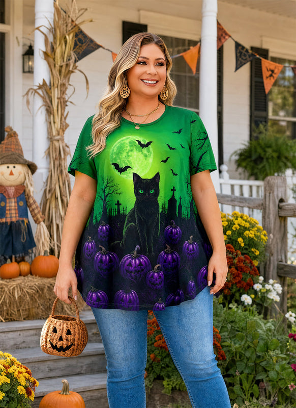 Women's Halloween Green Tunic Top – Witchy Print, Plus Size E29