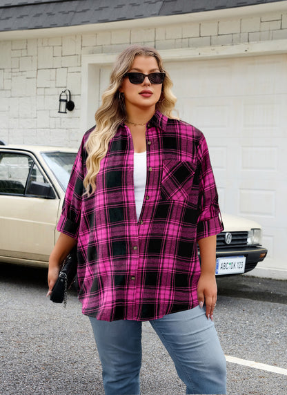 Plus Size Fuchsia Plaid Button-Up Shirt G21
