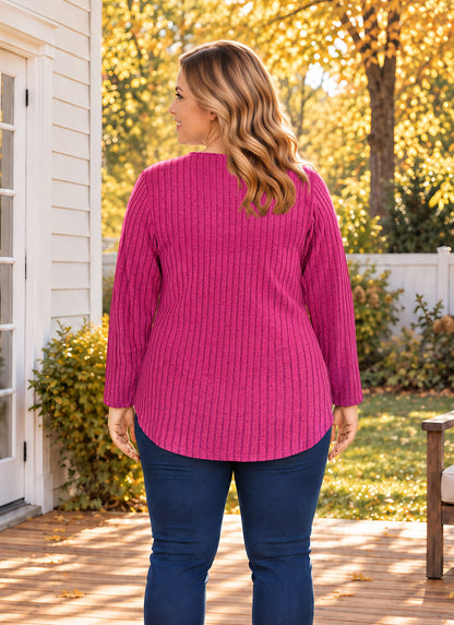 Plus Size Fuchsia Lace V-Neck Ribbed Tunic Top