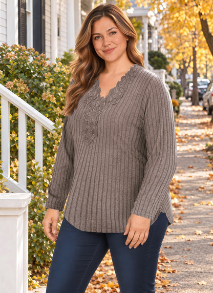 Plus Size Taupe Lace V-Neck Ribbed Tunic Top