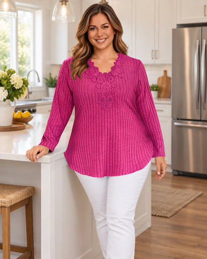 Plus Size Fuchsia Lace V-Neck Ribbed Tunic Top