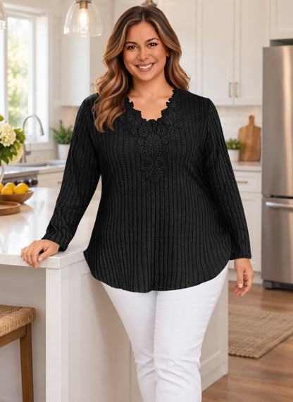 Plus Size Black Lace V-Neck Ribbed Tunic Top