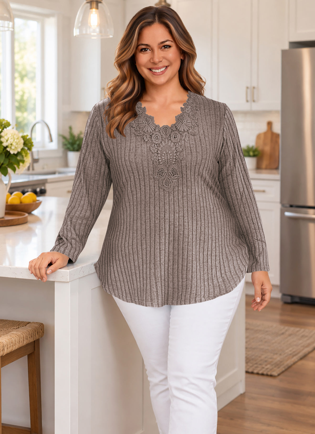 Plus Size Taupe Lace V-Neck Ribbed Tunic Top