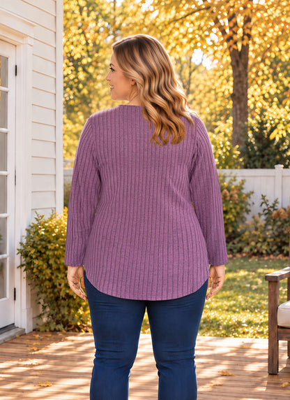 Plus Size Mauve Lace-Trim Ribbed Tunic Top R5