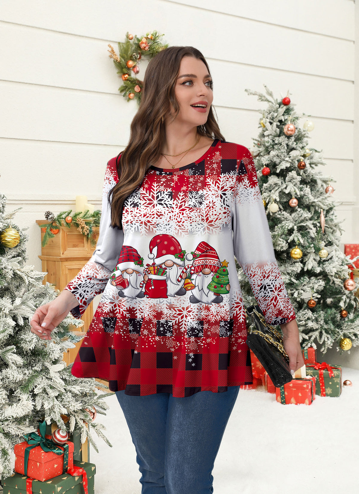 Plus Size Red Plaid Christmas Gnome Swing Tunic