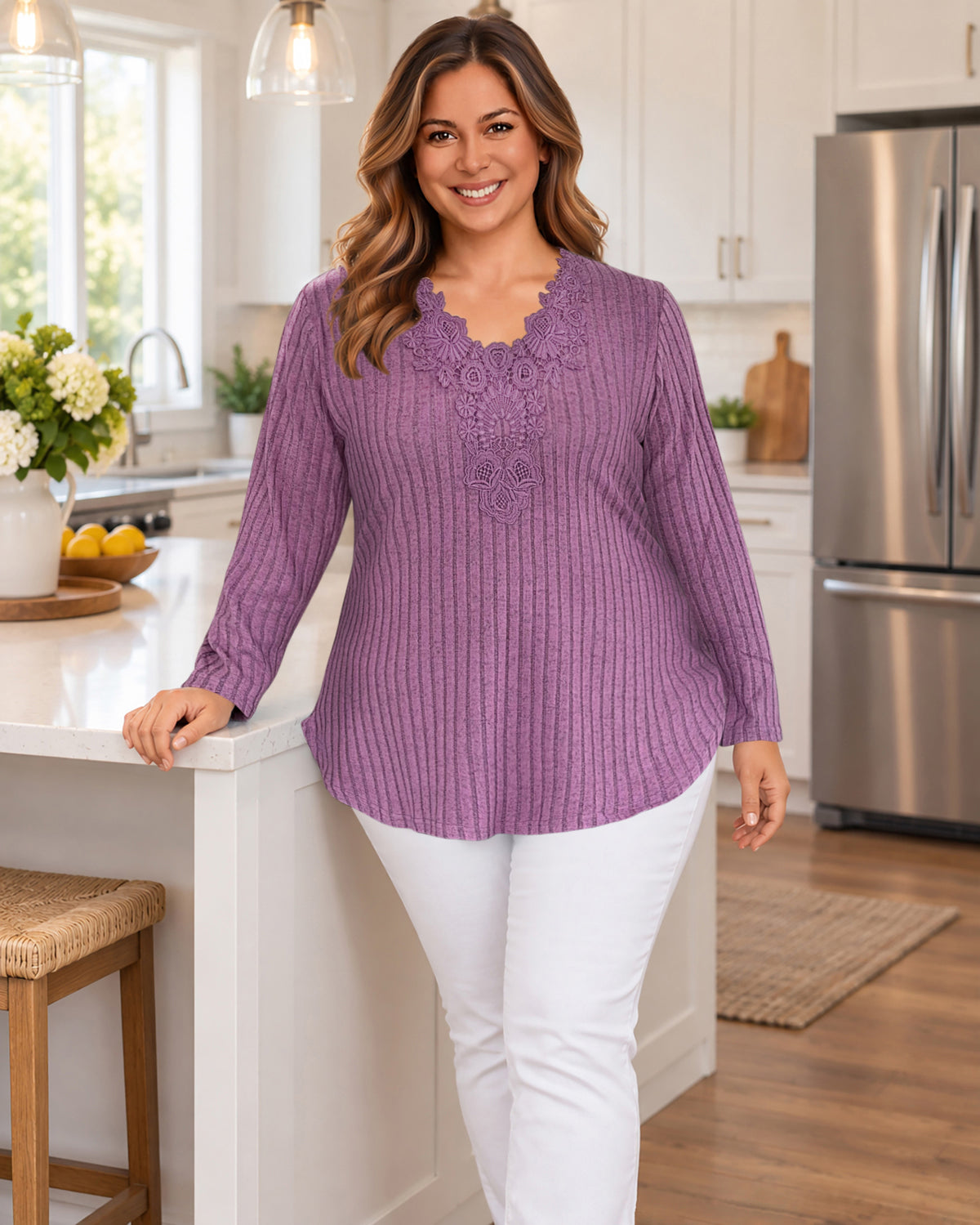 Plus Size Mauve Lace-Trim Ribbed Tunic Top R5