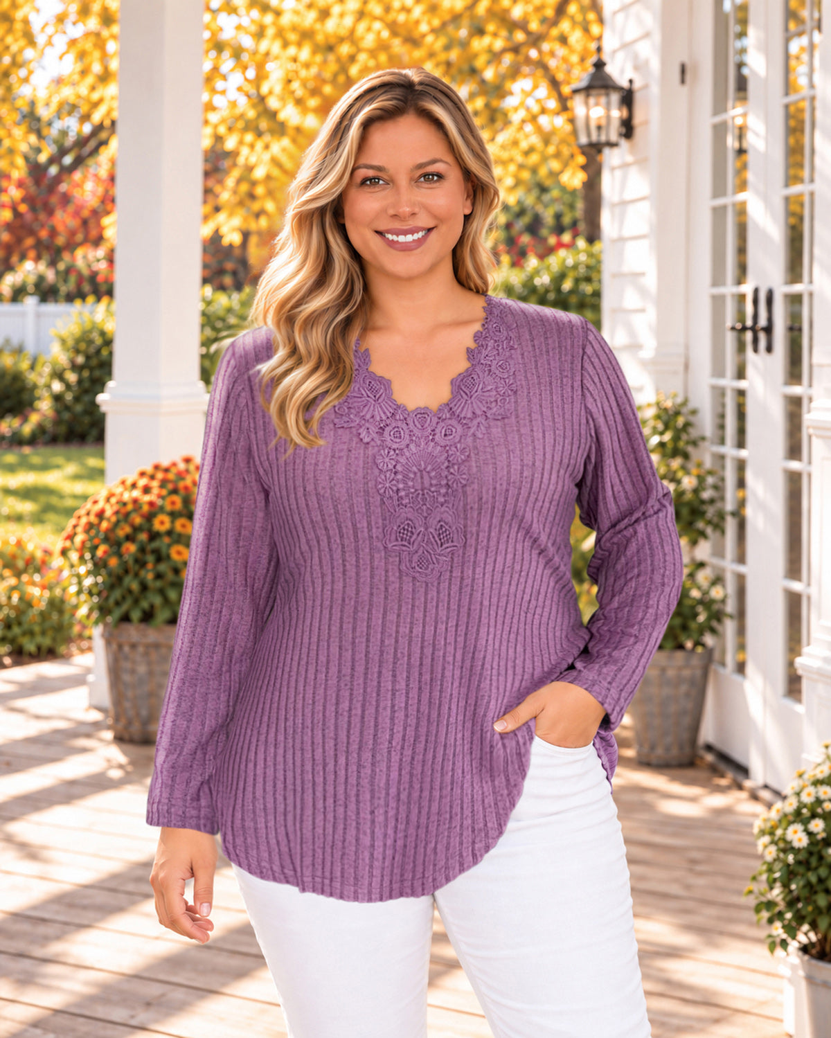 Plus Size Mauve Lace-Trim Ribbed Tunic Top R5