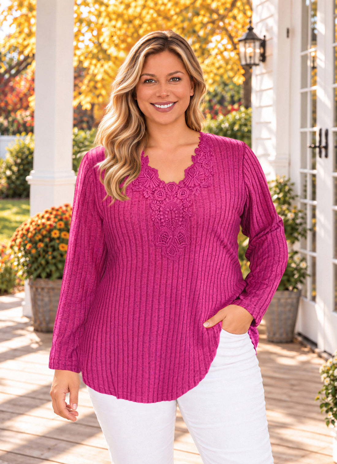 Plus Size Fuchsia Lace V-Neck Ribbed Tunic Top