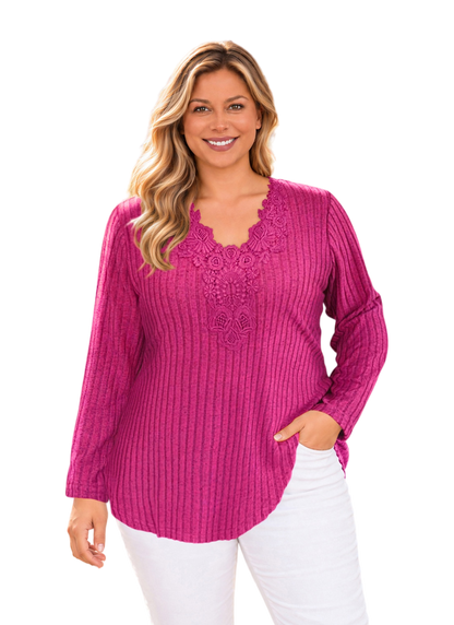 Plus Size Fuchsia Lace V-Neck Ribbed Tunic Top