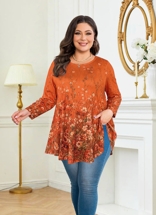 Women's Orange & Black Plus Size Tunic Top – 3/4 Sleeve Flowy Blouse A52