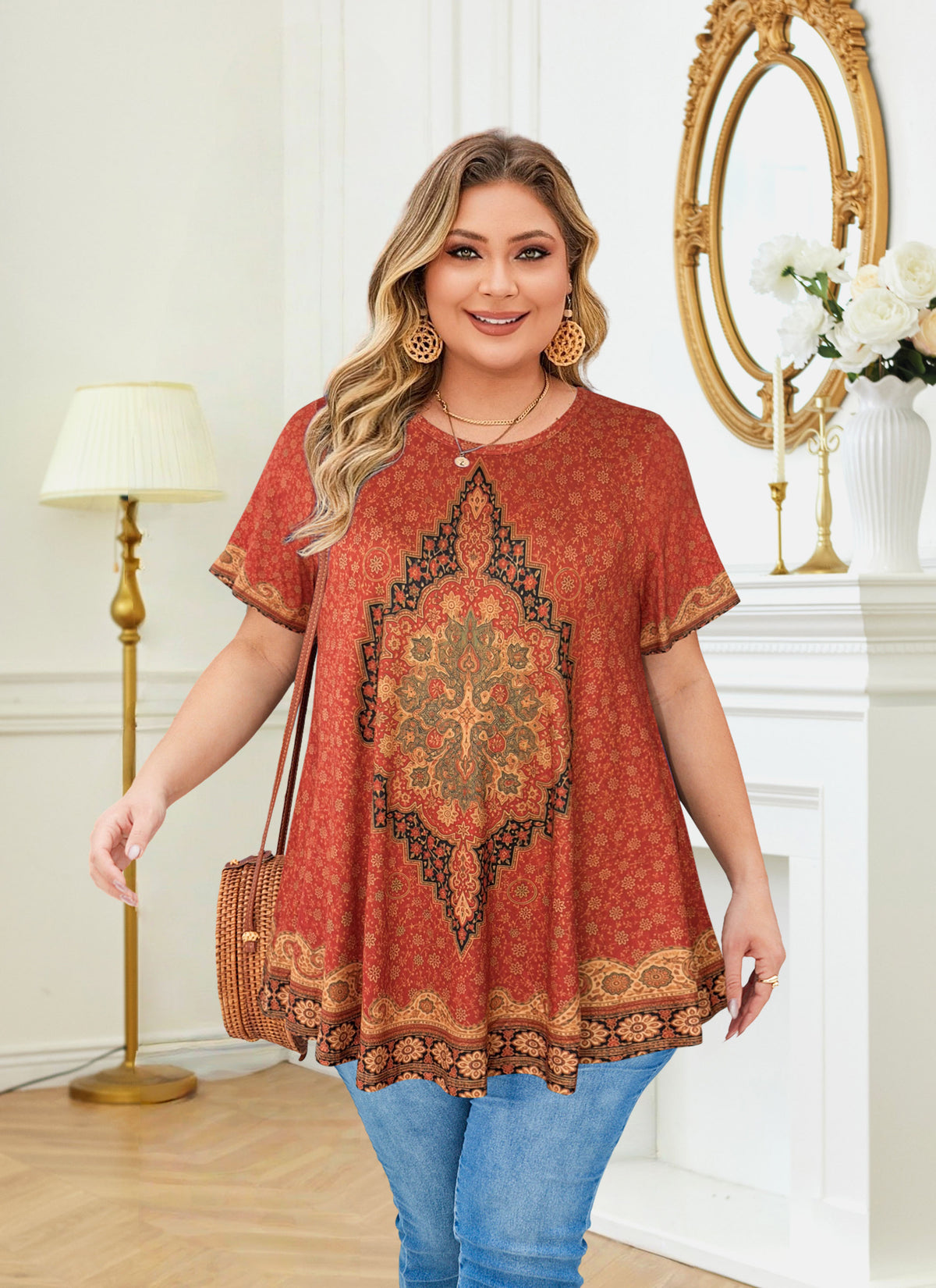 Plus Size Rust Red Medallion Print Tunic Top