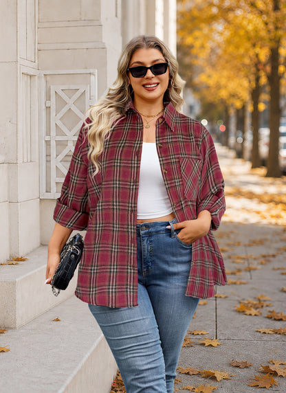 Plus Size Burgundy Windowpane Plaid Button-Up Shirt G25