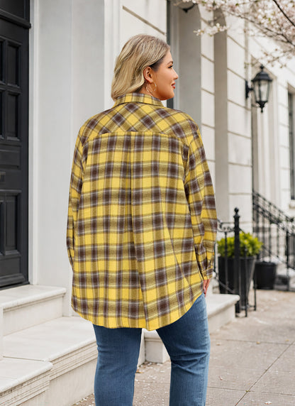 Plus Size Mustard Yellow Plaid Button-Up Shirt G14